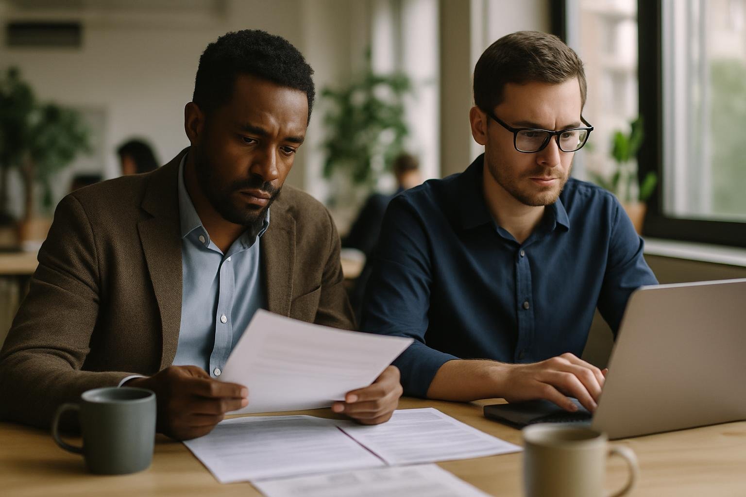 Business partners reviewing documents and working together at a coworking table.