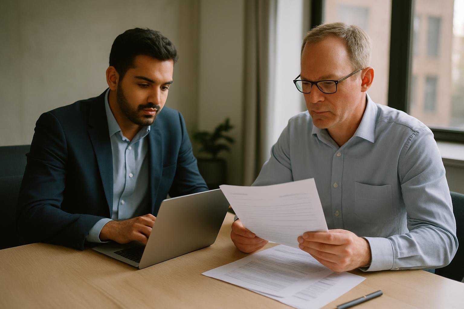 Business partners in a modern workspace discussing annual franchise tax requirements.