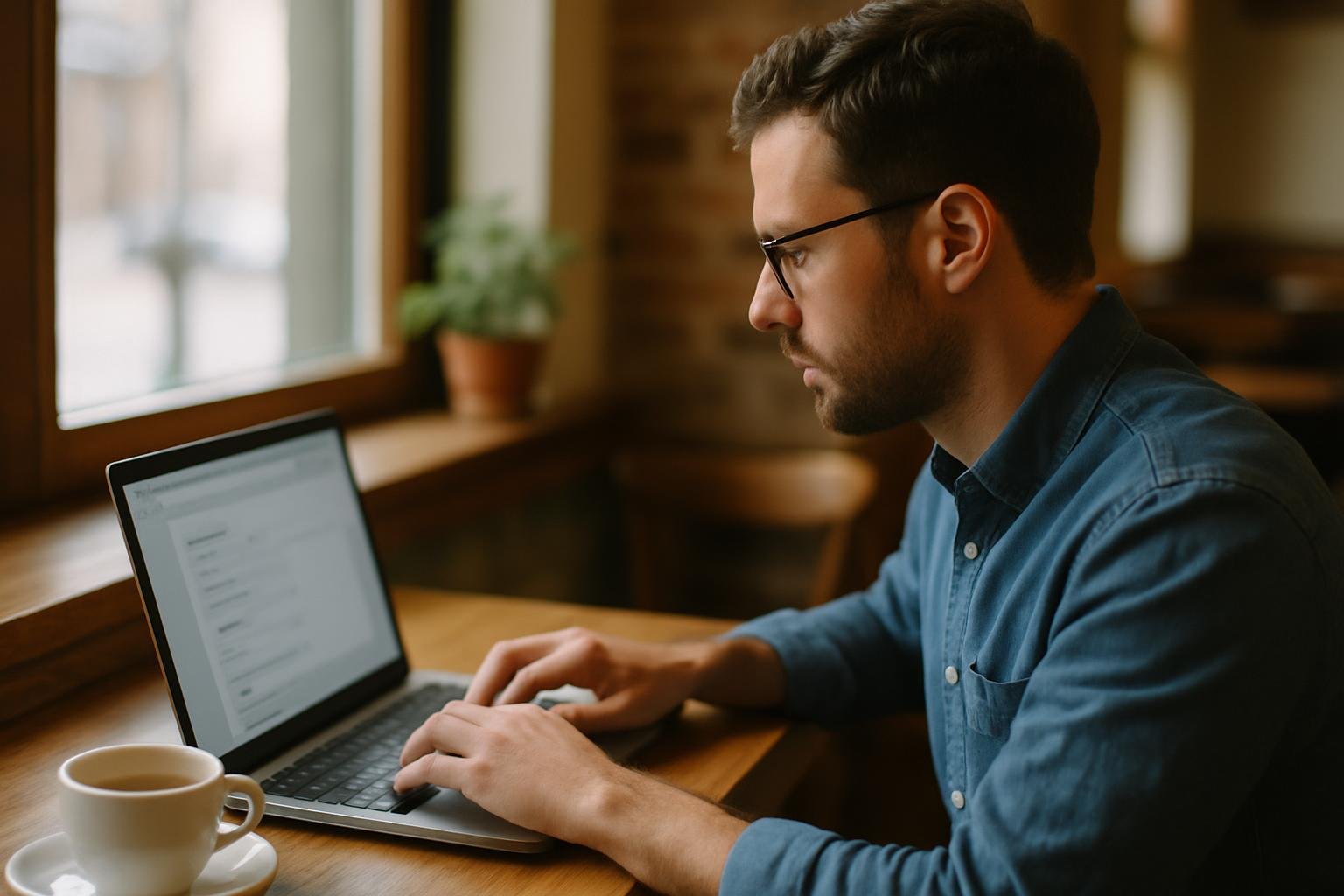 Entrepreneur checking LLC name availability on a laptop at a café.
