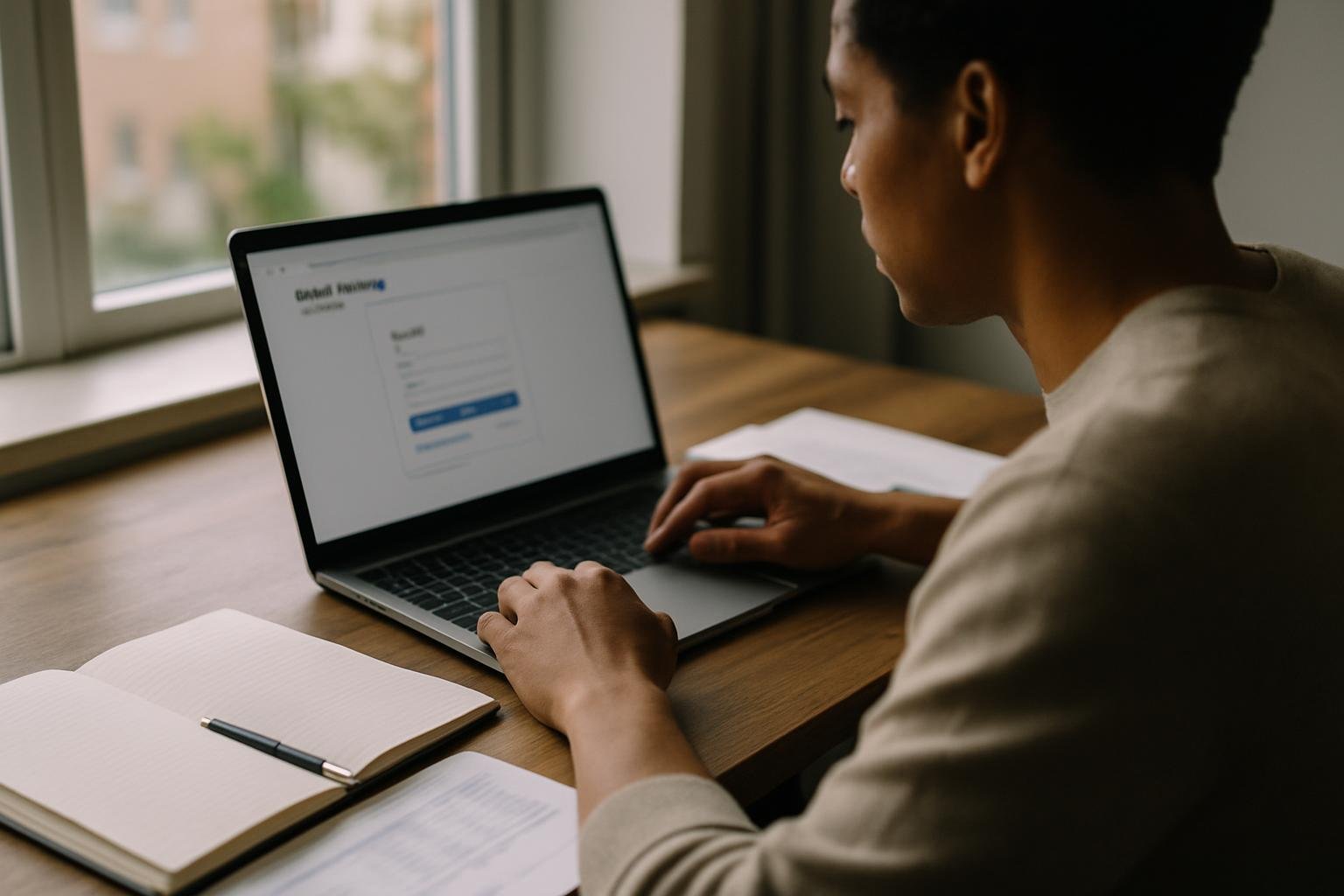 Founder at a window desk with a notebook, company papers, and a laptop open to eBay Seller Hub.