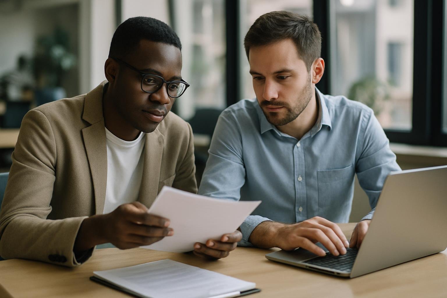 Two business partners collaborating on company paperwork and laptop in modern co-working space.