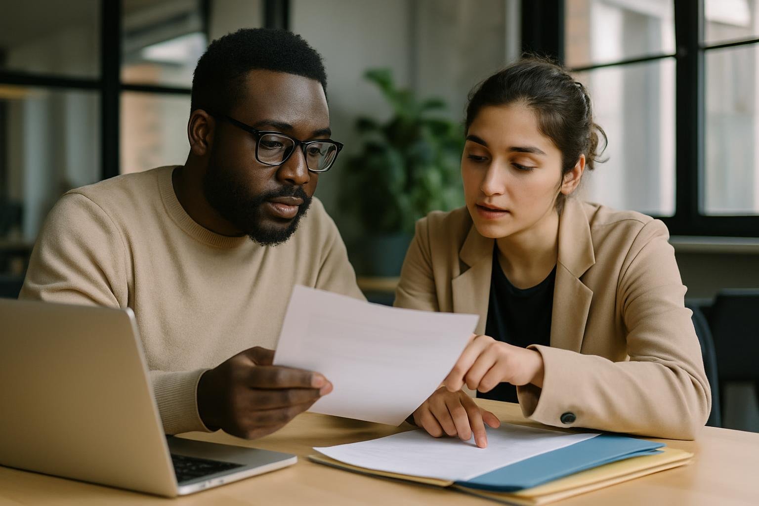 Two entrepreneurs at a co-working space reviewing paperwork and business files together.