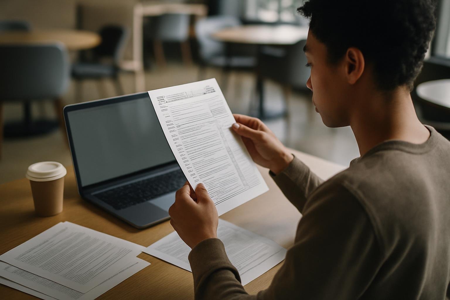 Person reviewing IRS paperwork on a laptop at a co-working space.