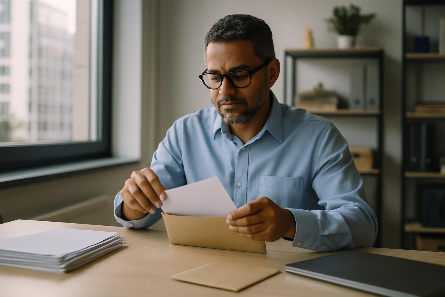 International business owner preparing documents for mailing at a desk.