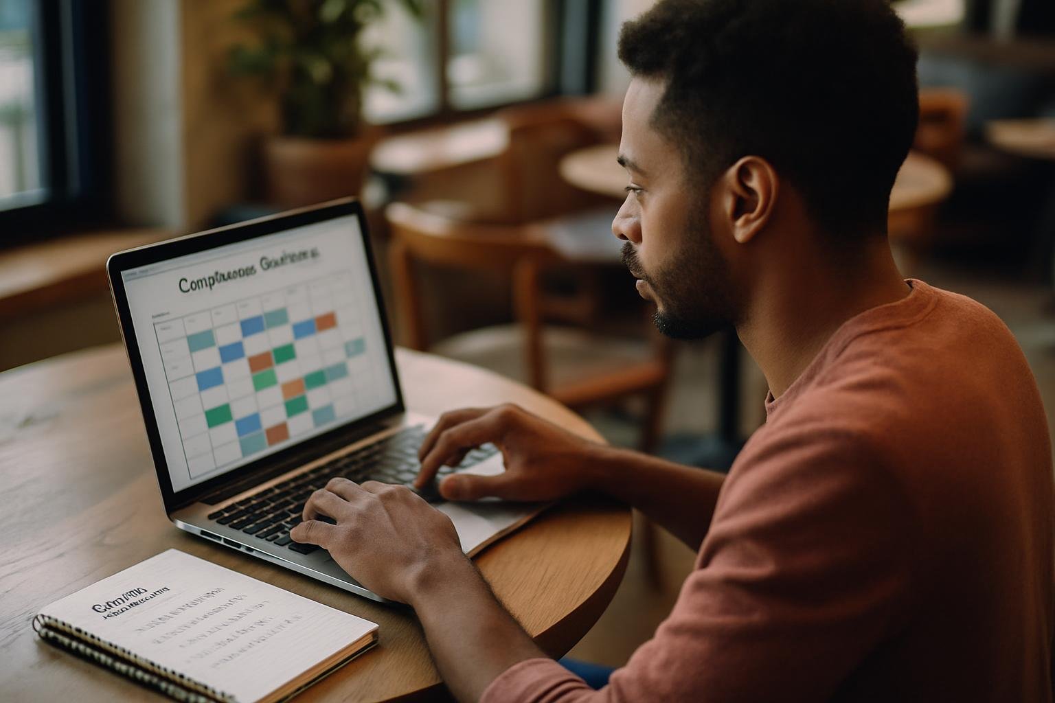 Founder using a laptop at a cafe to organize LLC compliance deadlines on a digital calendar.