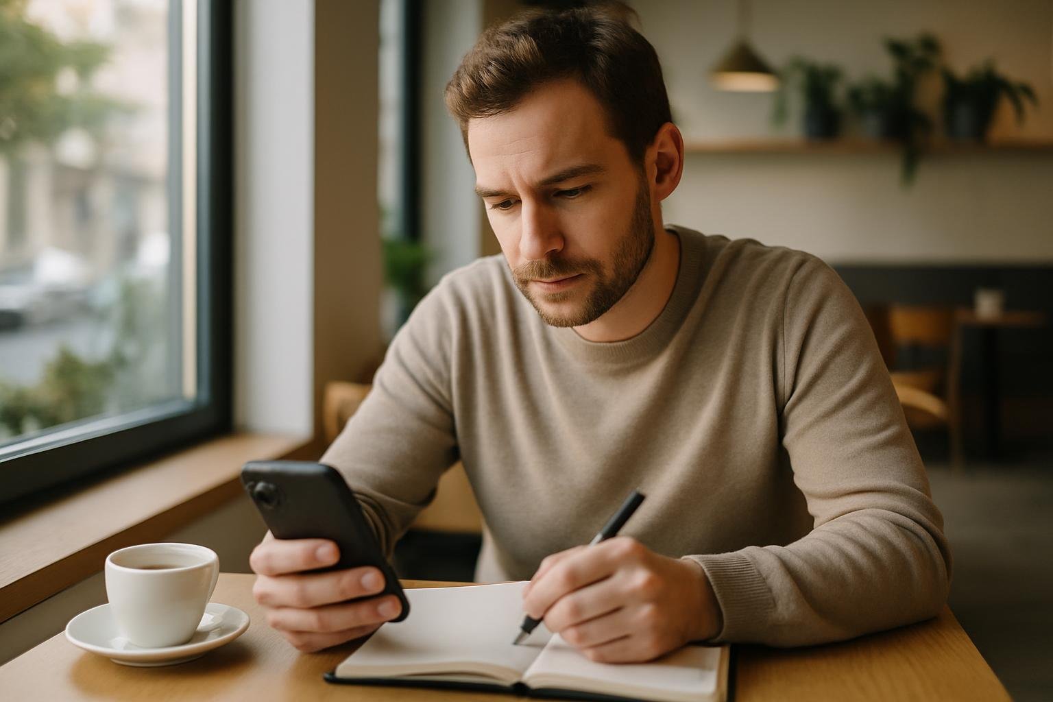 International founder managing business banking tasks at a cafe.
