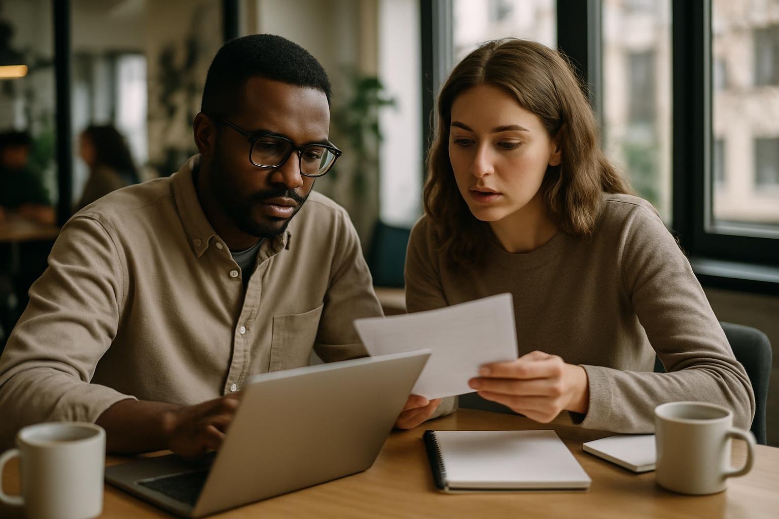 Two founders at a coworking space table discussing paperwork and business deadlines.