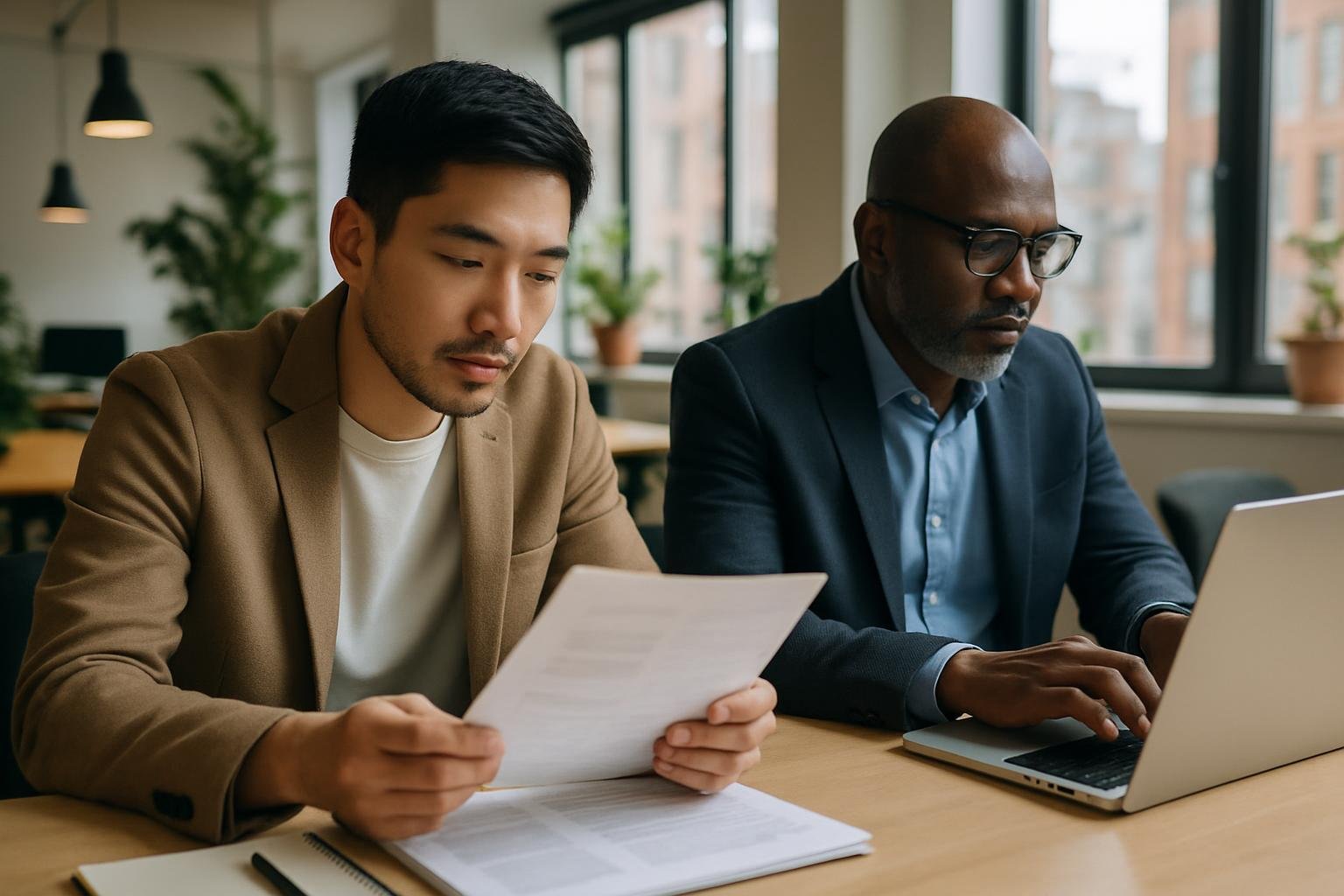 Business partners at a coworking desk reviewing company documents and working on a laptop