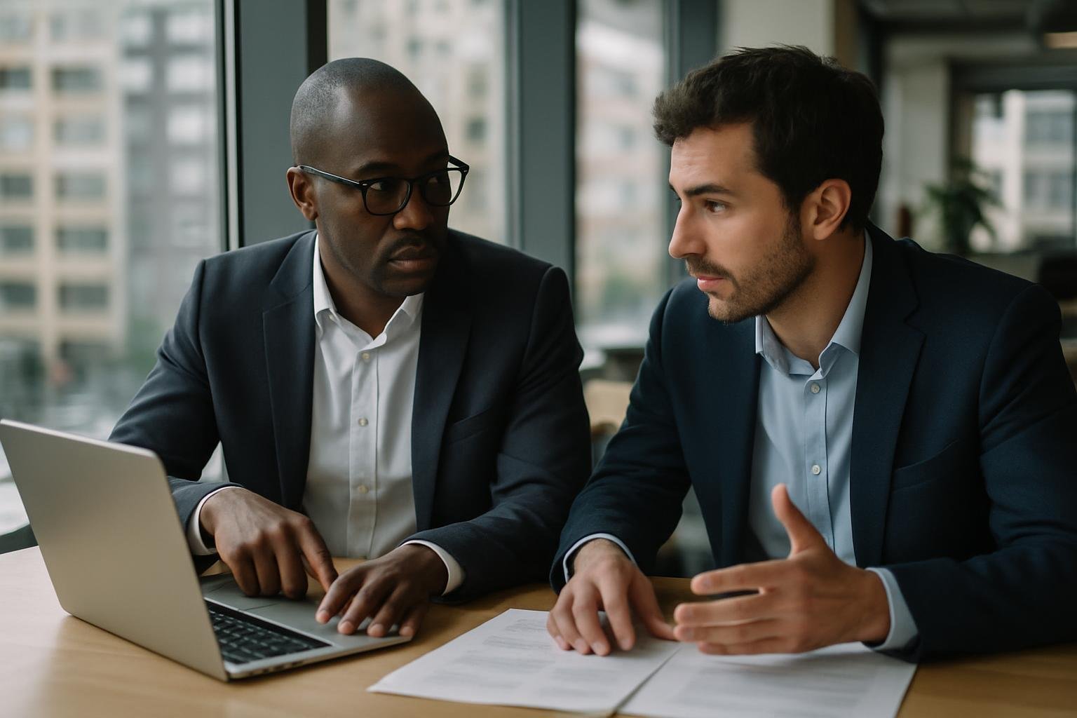 Two business partners reviewing annual report requirements on laptop in a shared office