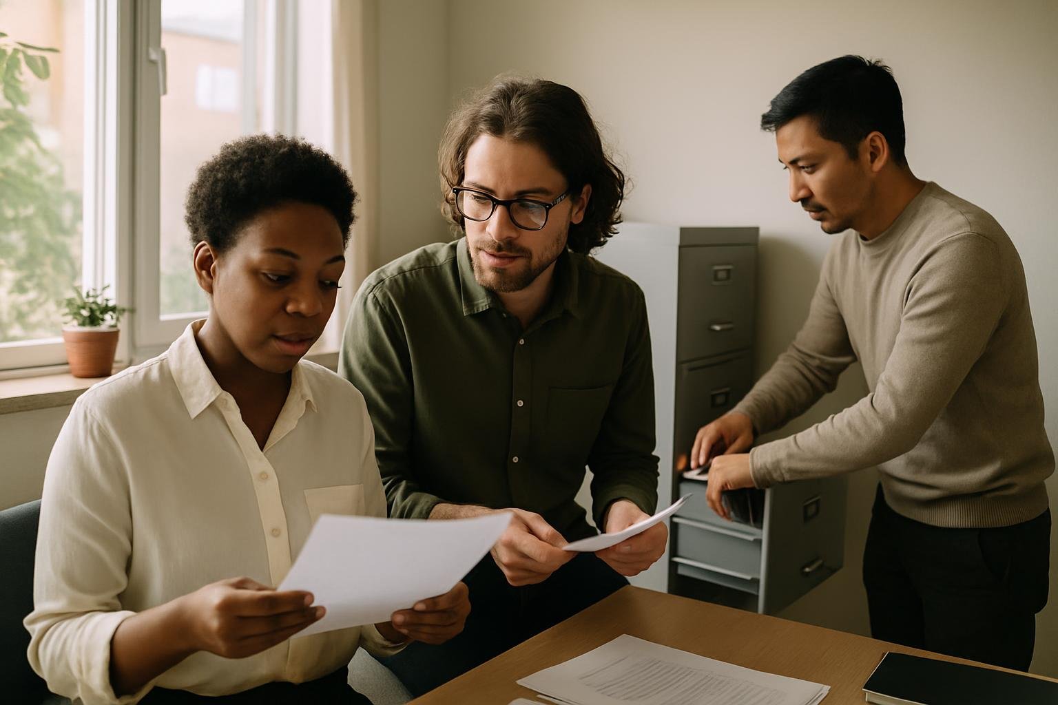 Team of founders organizing paperwork near a file cabinet in a sunlit business office.
