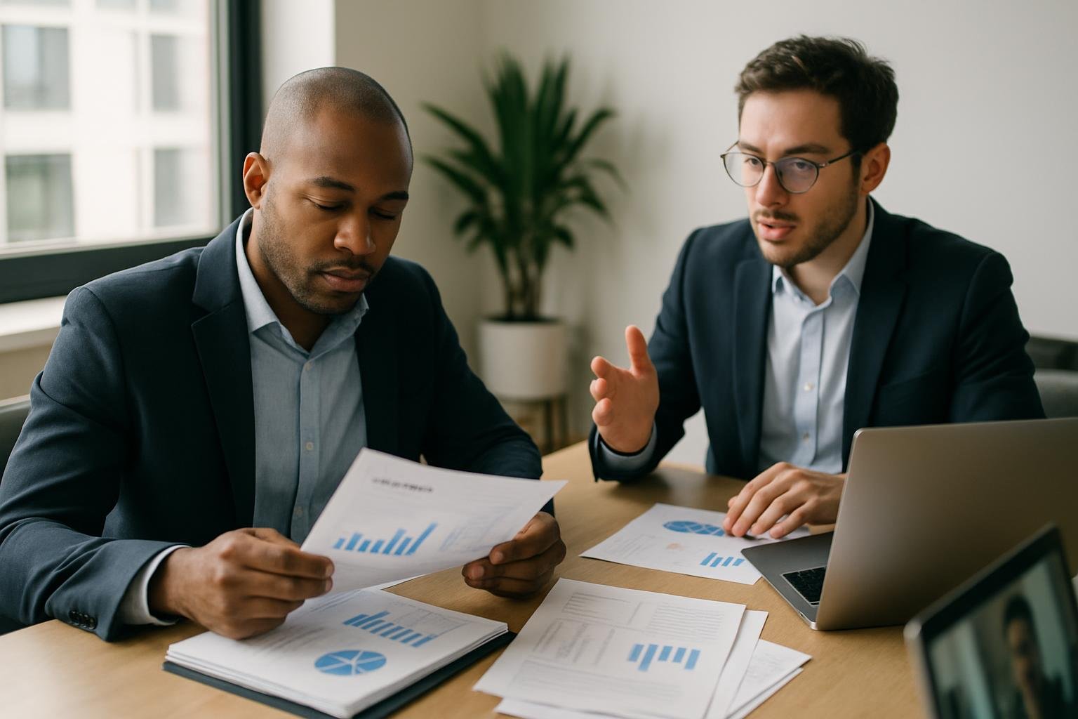 Business partners at a shared workspace handling LLC compliance paperwork and calls.