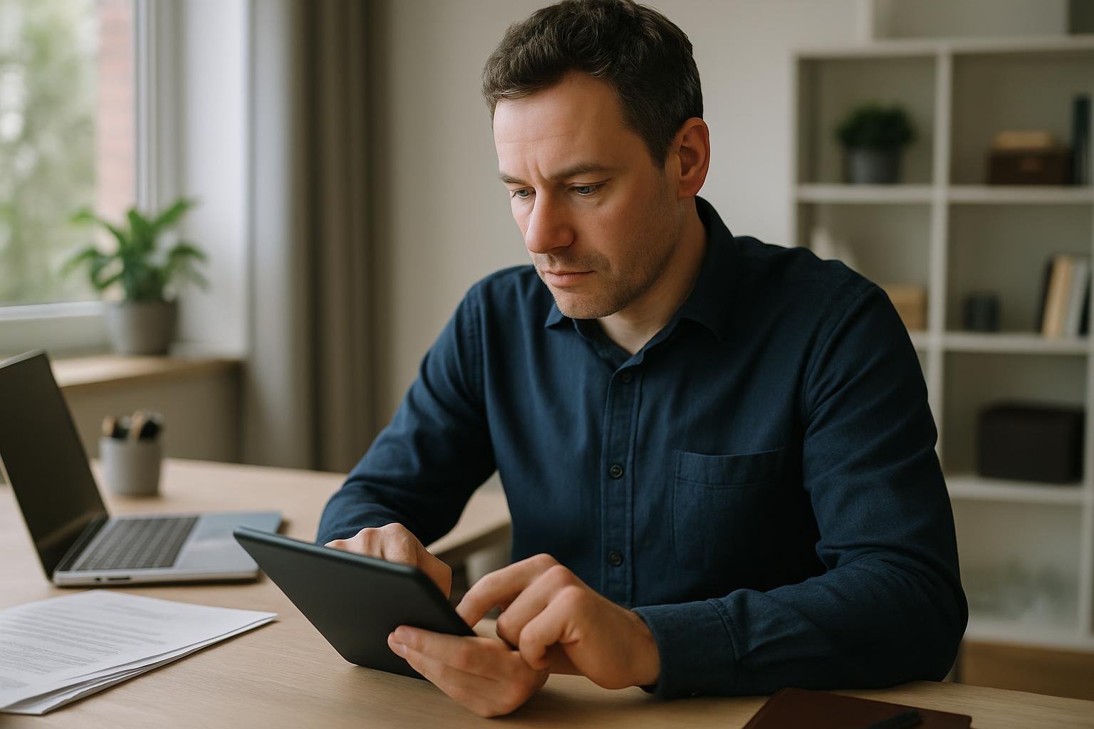 Business owner managing compliance at a desk with a tablet in a modern home office.