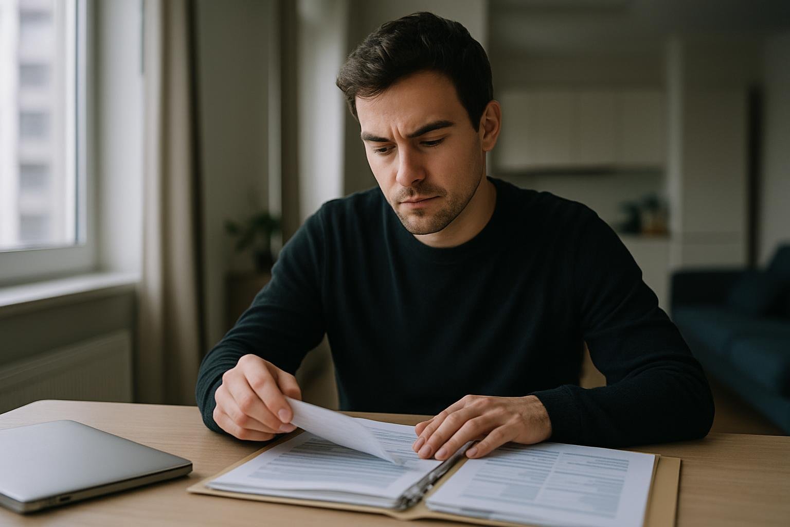 Solo founder in apartment closely examining business records and organized files.