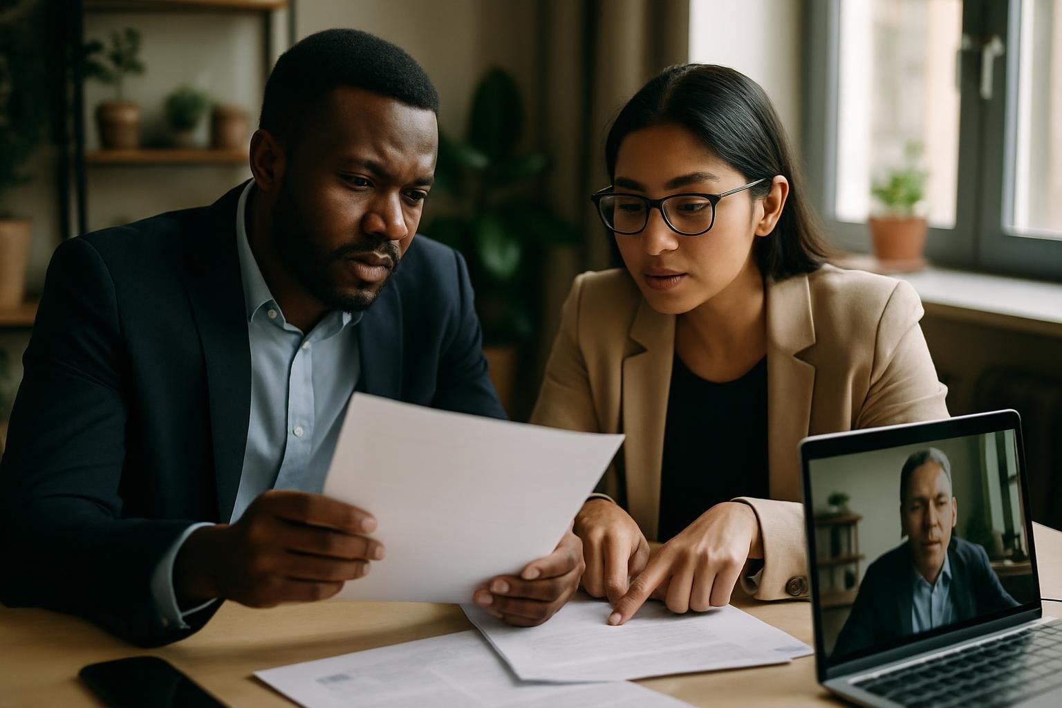 Two diverse business owners on a video call with documents in a bright coworking space.