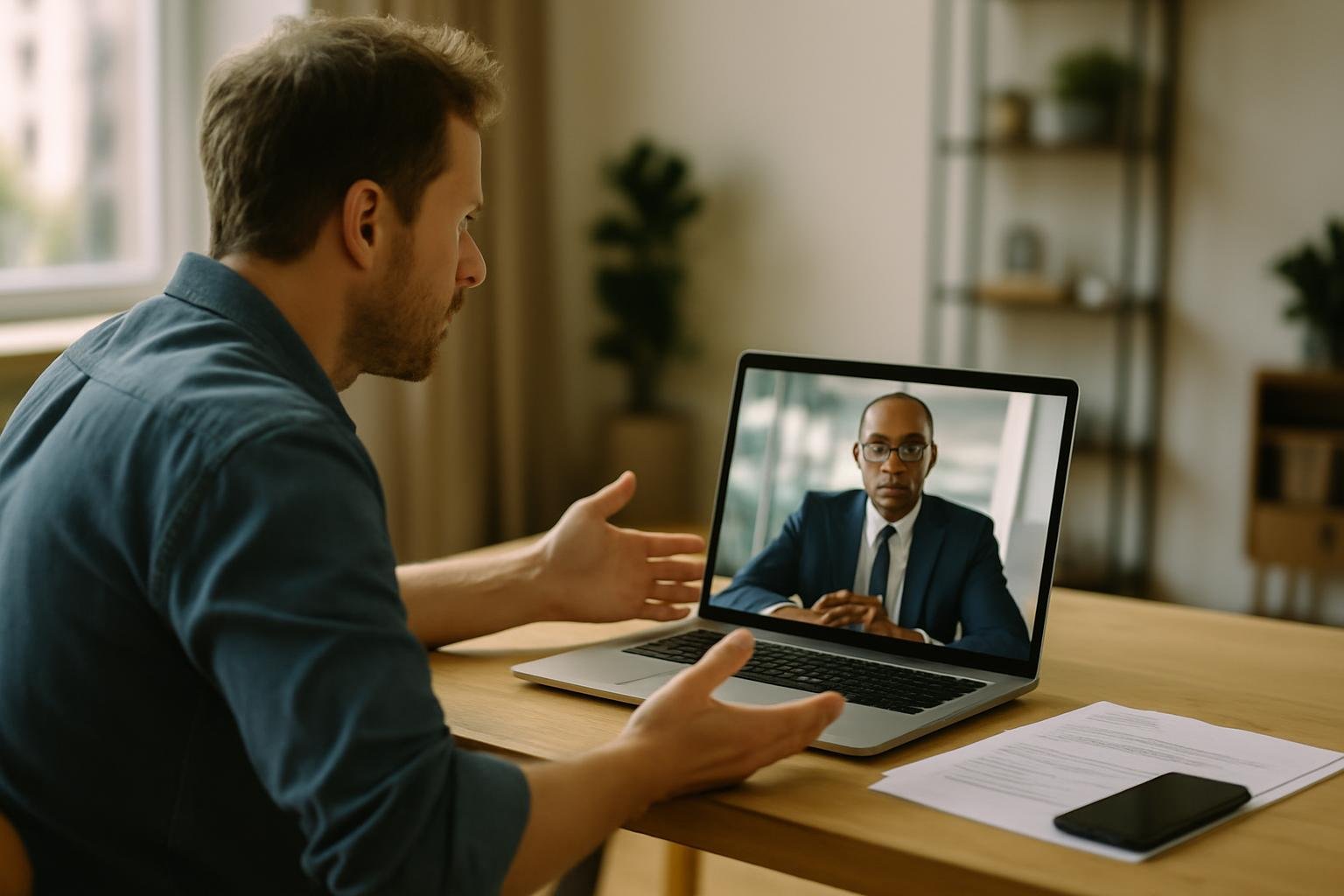 Business owner in video call with a US bank about opening an account remotely.