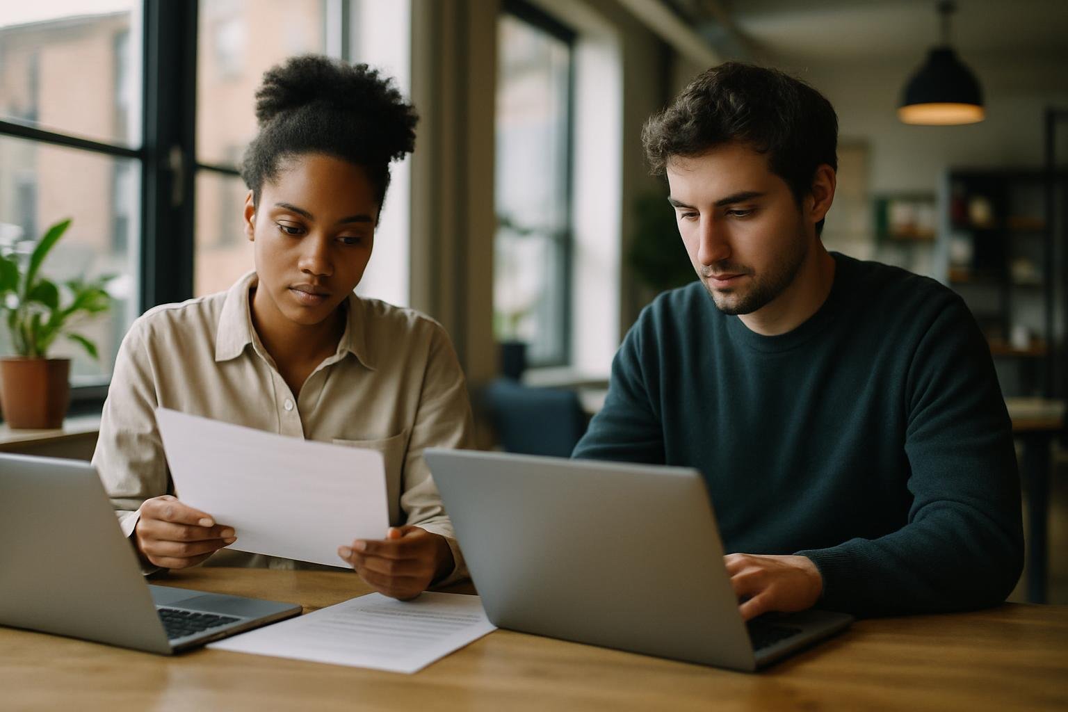 Founders collaborating on a business bank account application in a shared workspace.