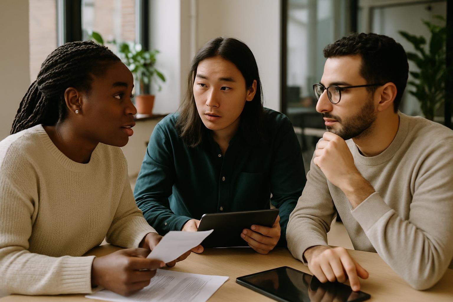 International business team discussing Delaware LLC annual fees in a coworking space.