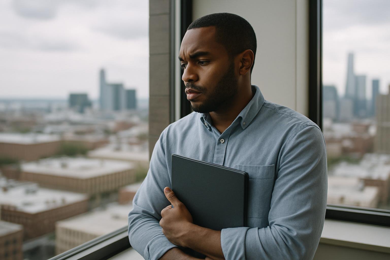 Person standing by a city window, considering their US company responsibilities.