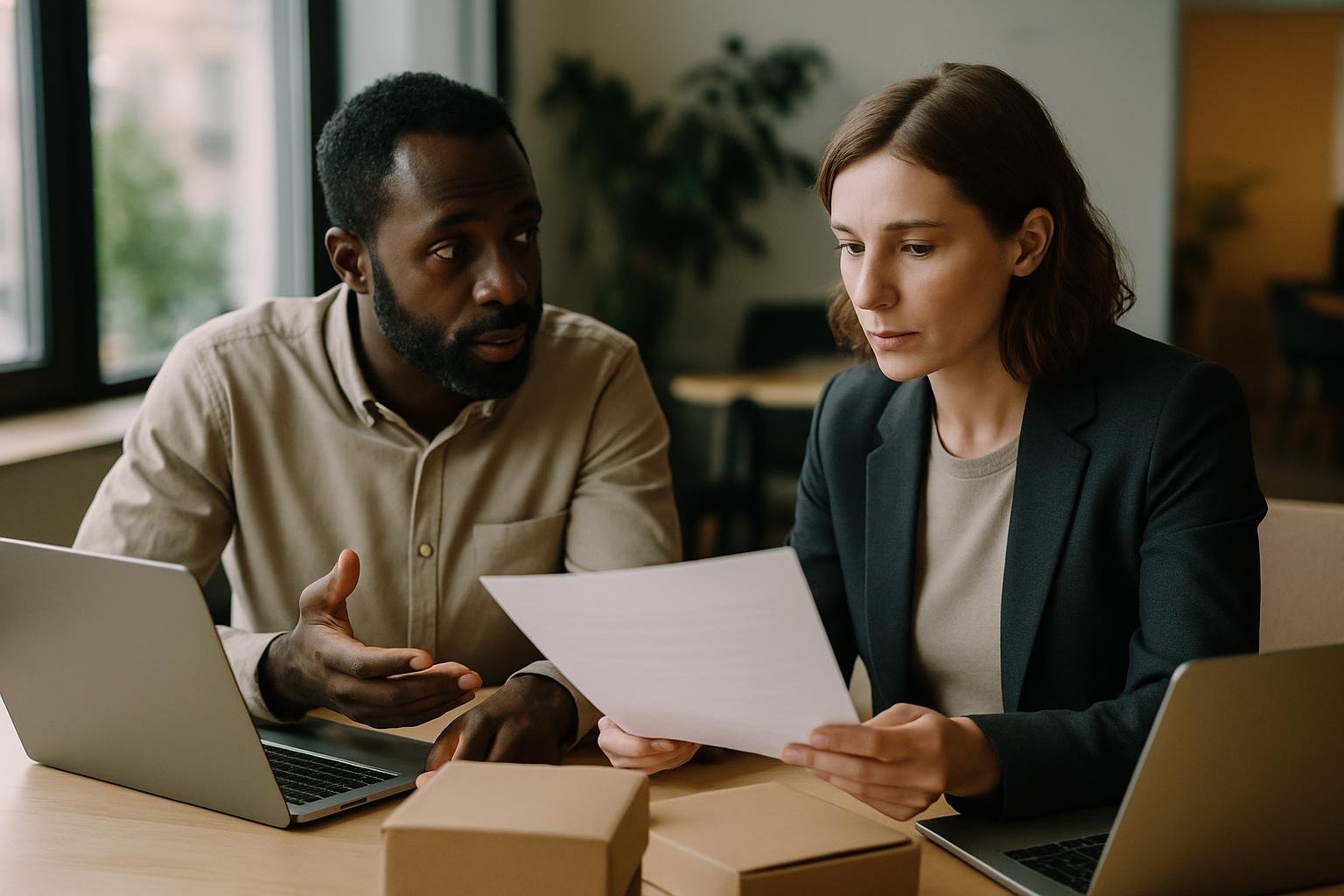 Business partners reviewing shipping and order details at a coworking space with laptops and packages.
