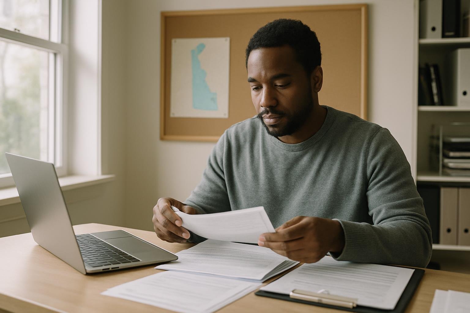 Entrepreneur managing Delaware LLC compliance paperwork in a home office.