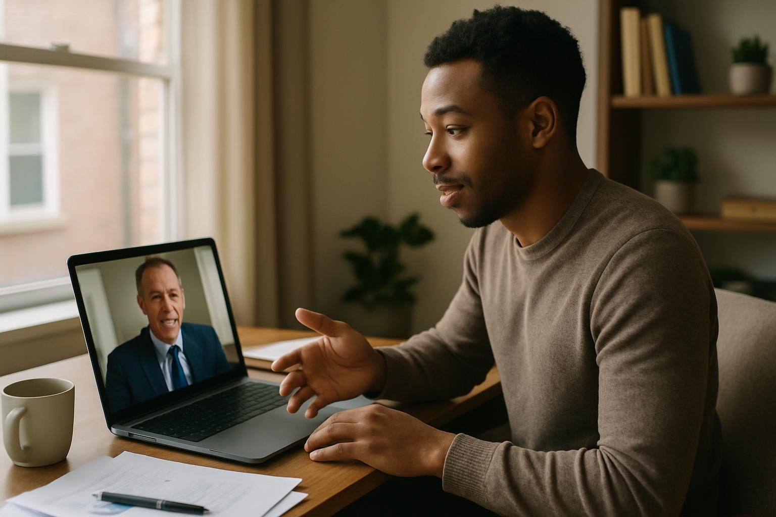 Founder on video call with banker in home office, surrounded by business documents and coffee.