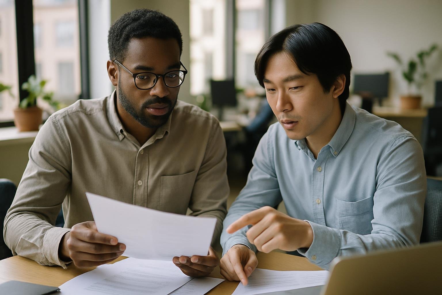 Two diverse founders reviewing company documents in a bright, modern co-working space.