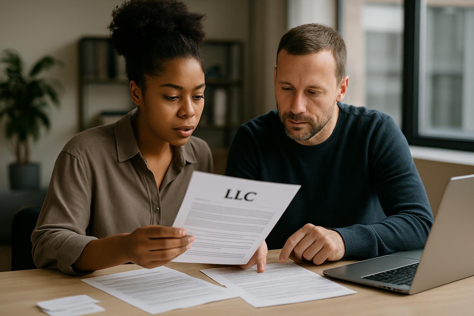 Colleagues discussing LLC paperwork at a desk with company documents in an office.
